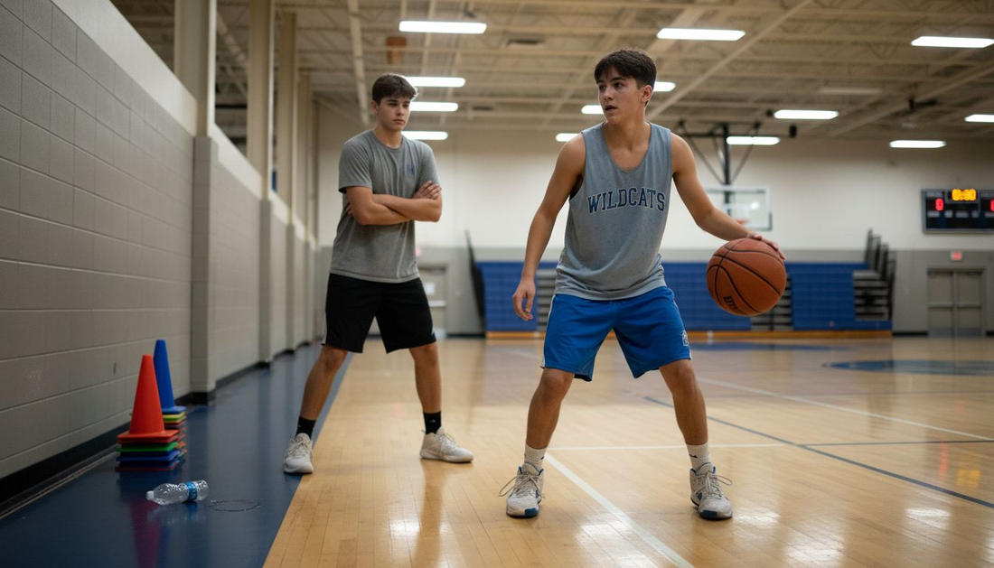 Basketball players initiate pick and roll screen