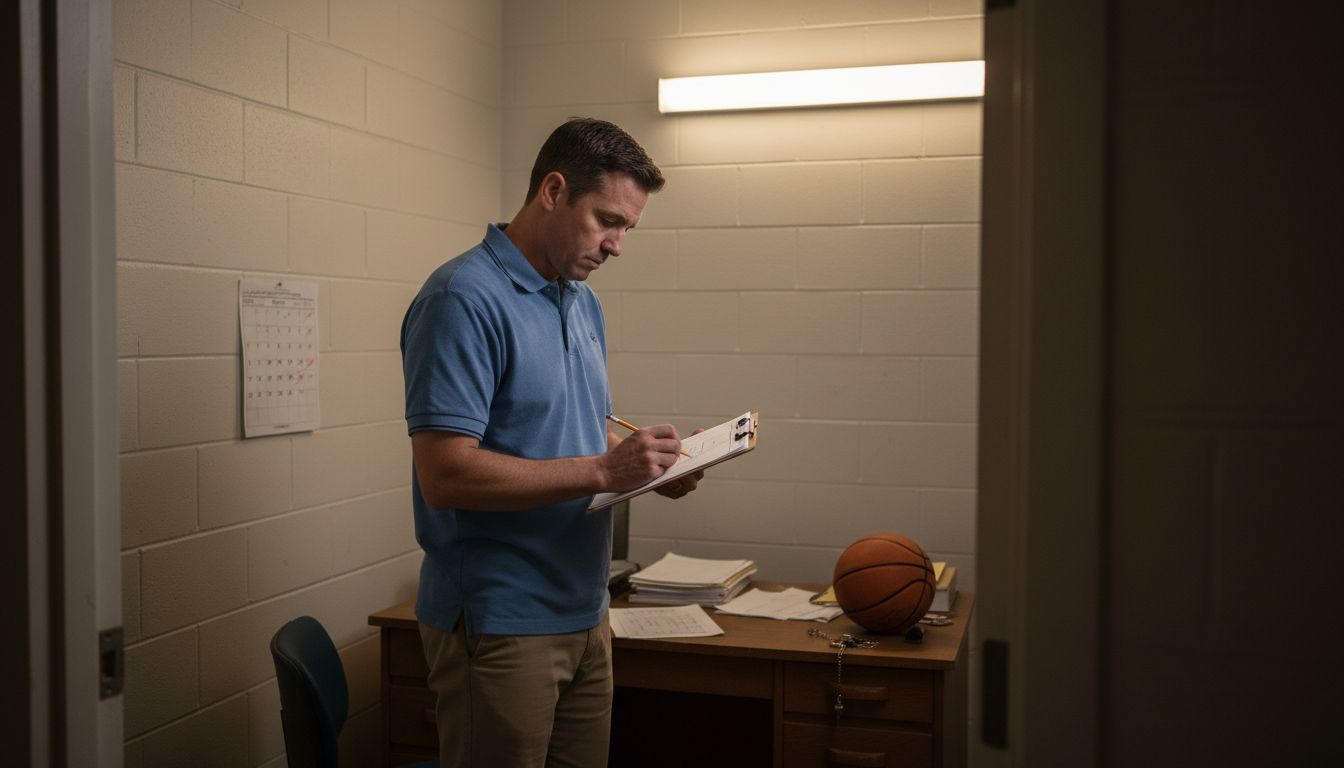 Coach planning basketball season in office