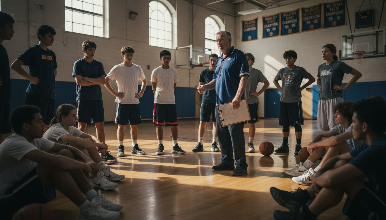 Coach speaking to basketball team in gym