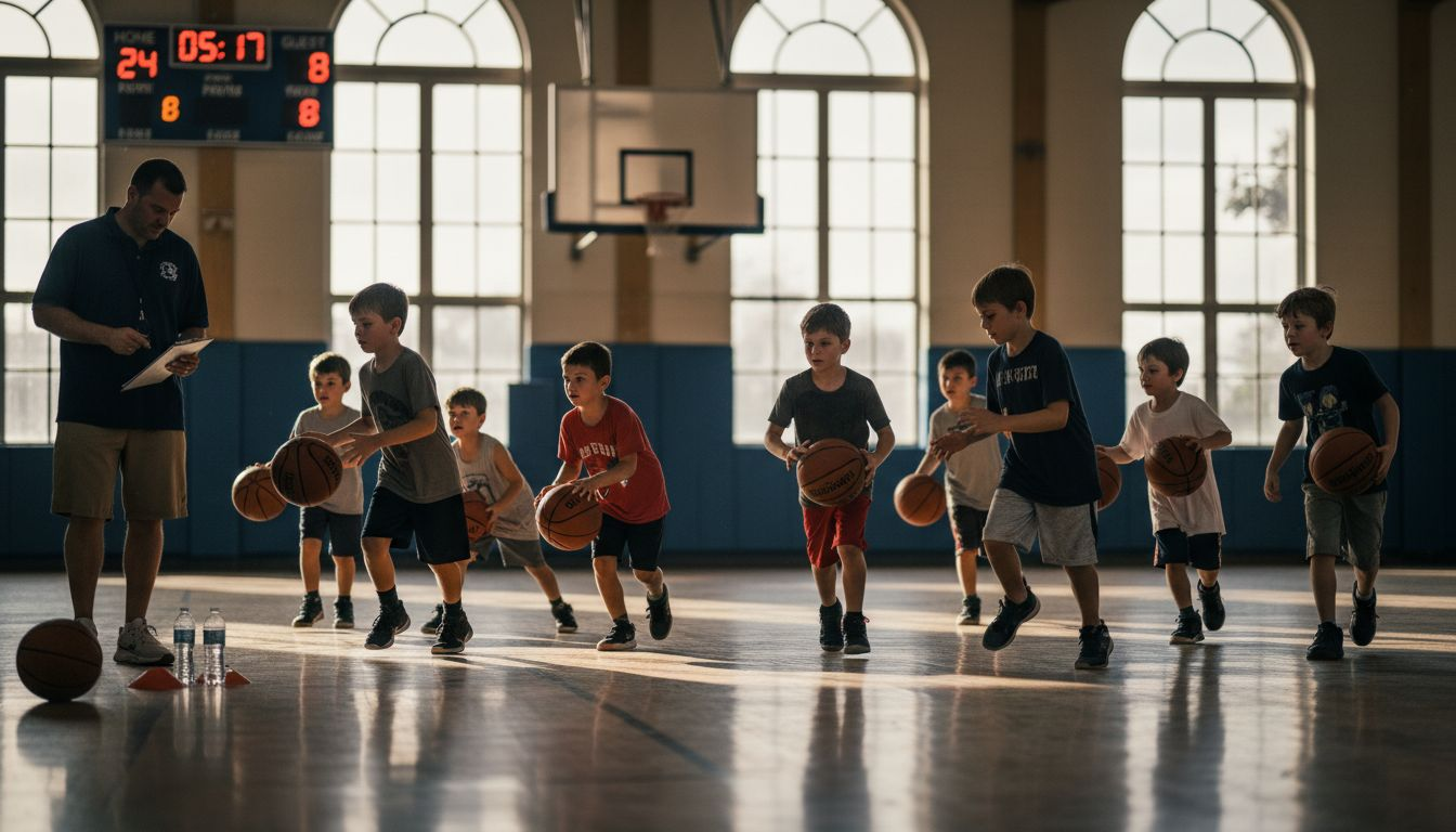 Youth basketball players dribbling at practice