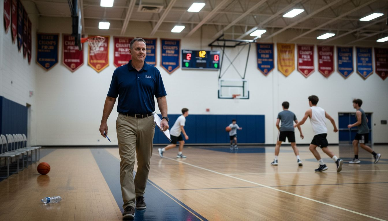 Coach watching basketball team run passing drill