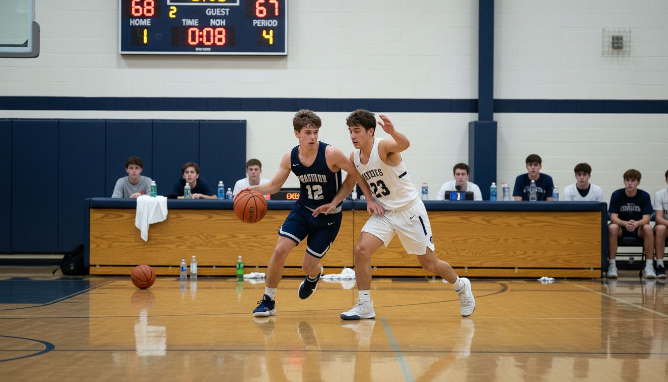 High school basketball players in fast-paced action
