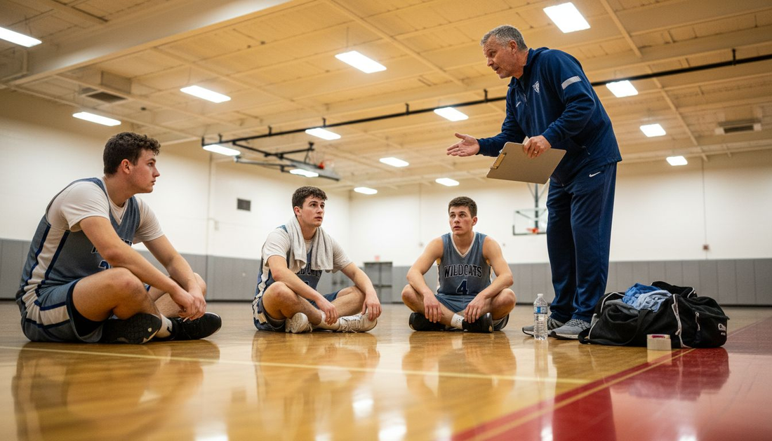 Coach discussing strategy with players in gym