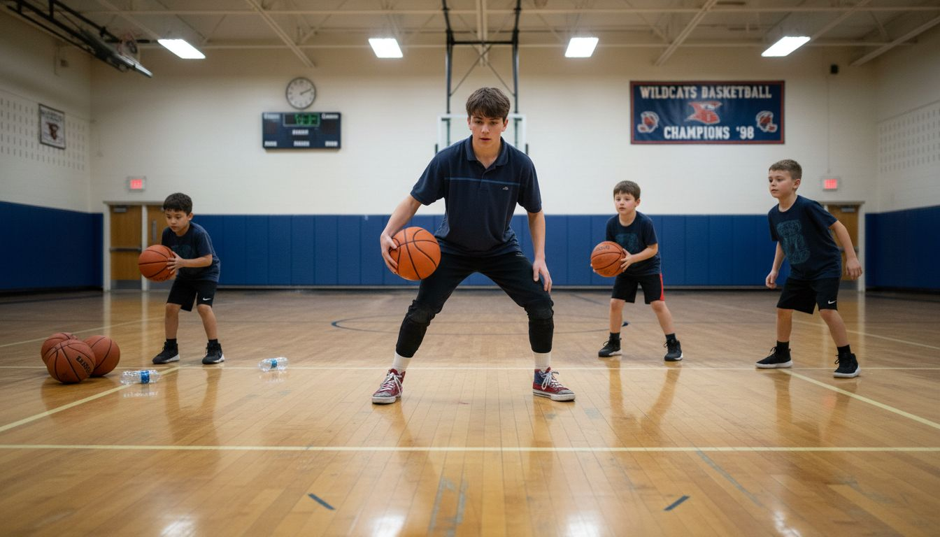 Coach teaching triple threat basketball stance