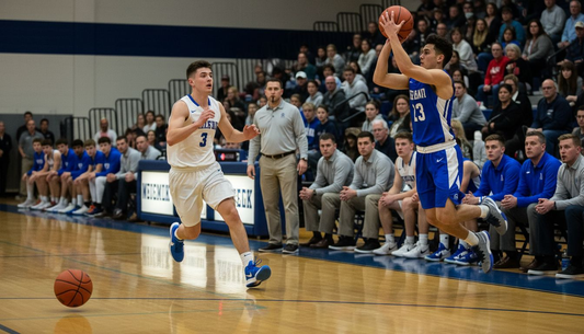 Defender contesting basketball shot in crowded gym