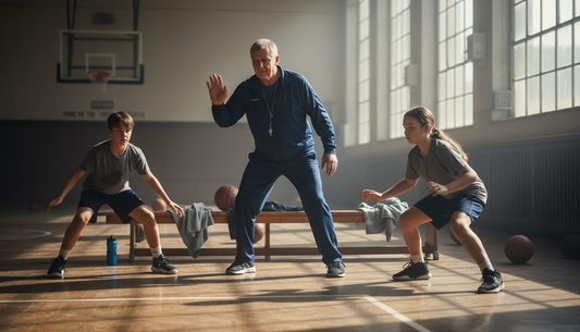 Coach teaches basketball defense in gym