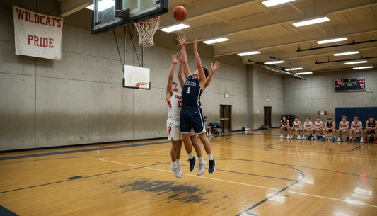 Player grabbing rebound under gym hoop