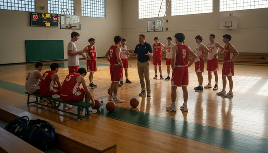 Basketball team huddling after practice in gym