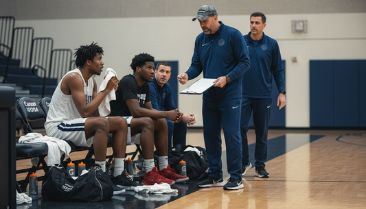 Coach strategizing substitutions near bench