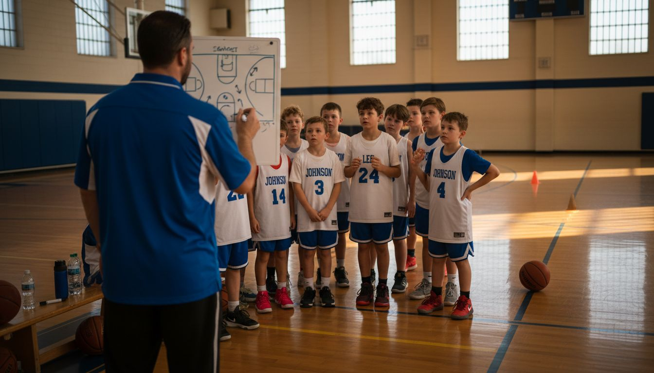 Coach teaching youth motion offense in gym