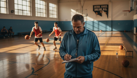 Coach observing basketball practice session