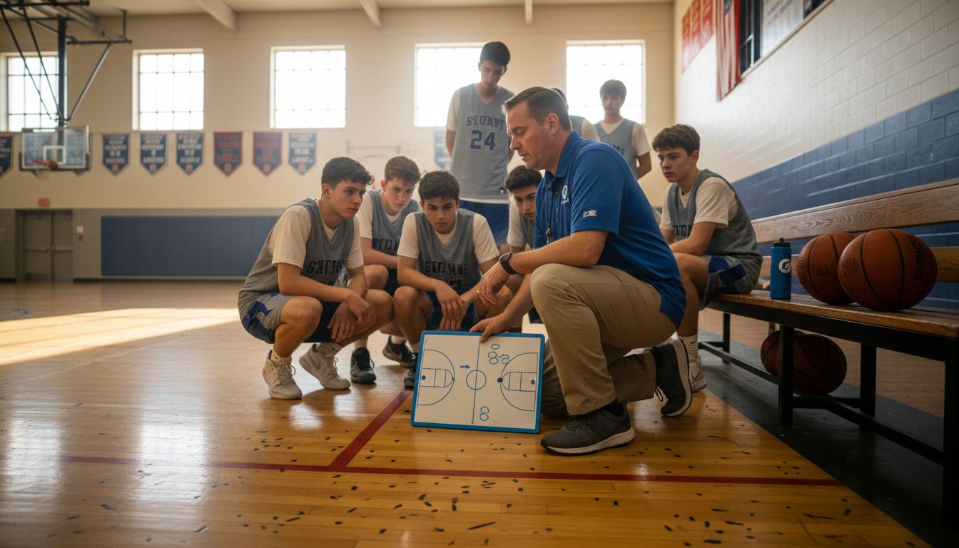 Basketball coach leads team huddle strategy