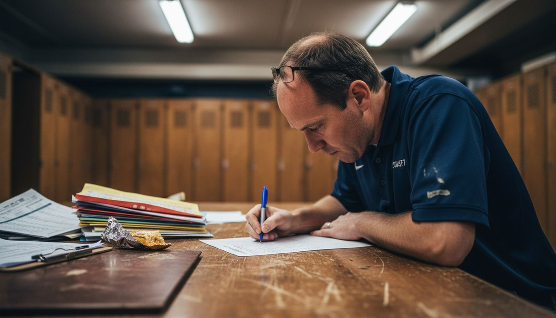 Coach working on basketball scouting report