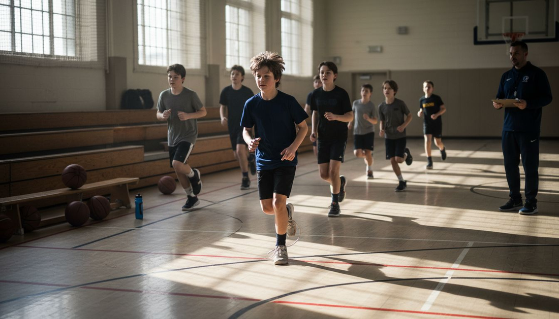 Youth basketball players doing cardio drills
