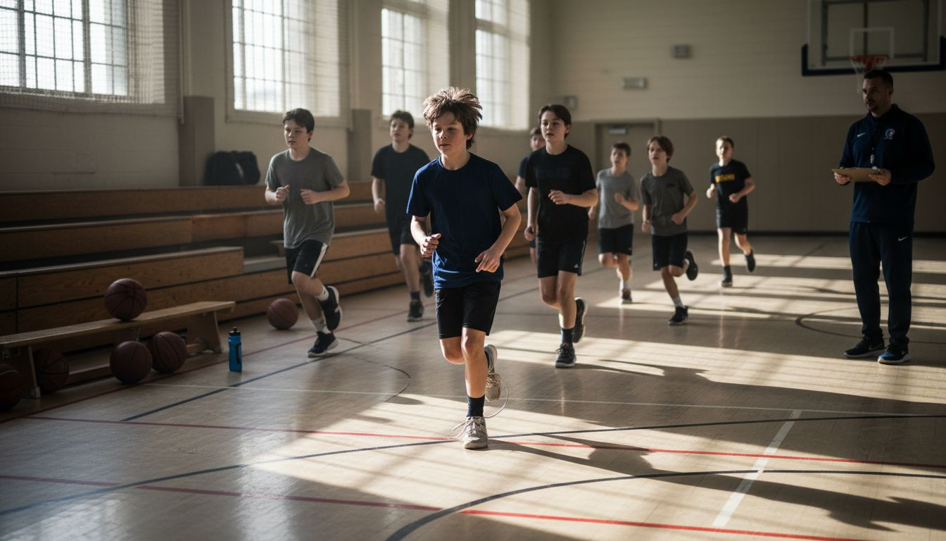 Youth basketball players doing cardio drills