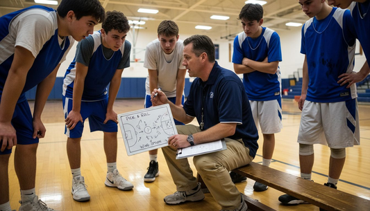 Coach explaining offensive set to basketball team