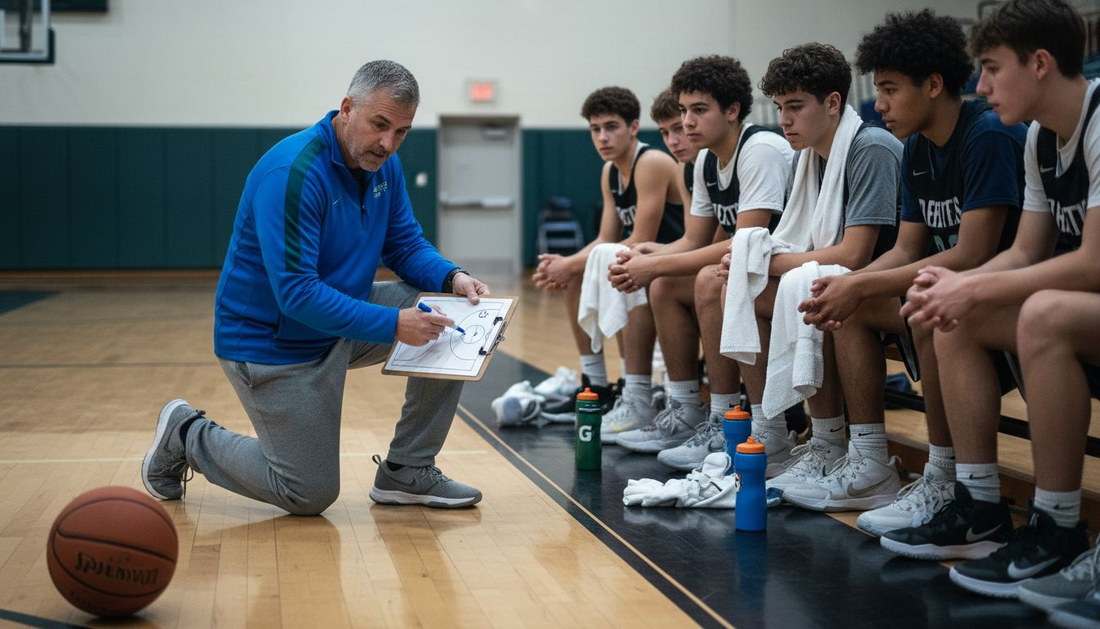 Basketball coach explains strategy to team on court