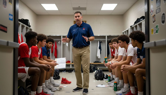 Coach addressing basketball team with playbooks