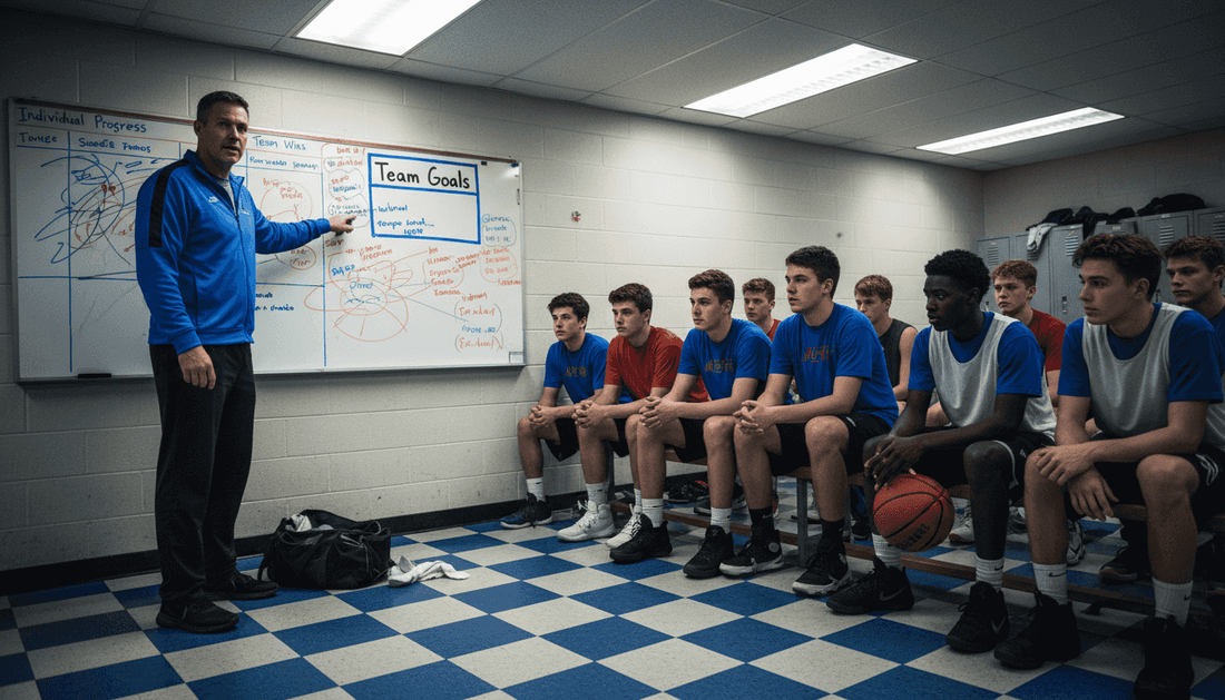 Basketball coach explains team goals in locker room