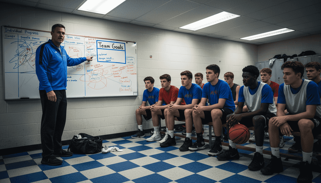 Basketball coach explains team goals in locker room