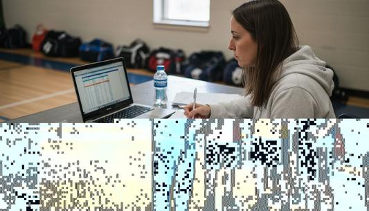 Coach points clipboard with bench players listening