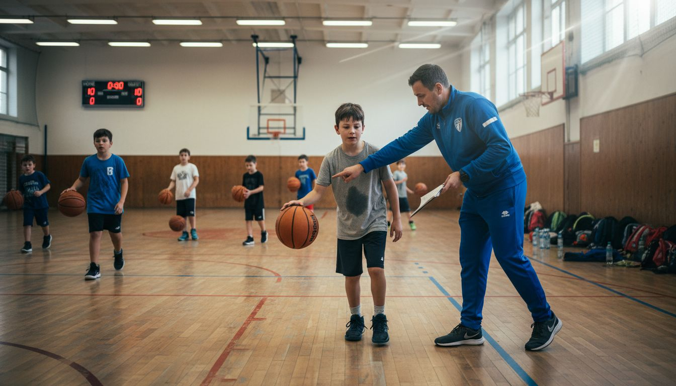 Youth basketball drill in gym with coach