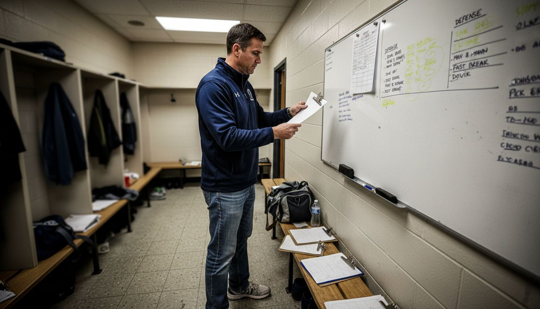 Basketball coach reviewing scouting template by whiteboard