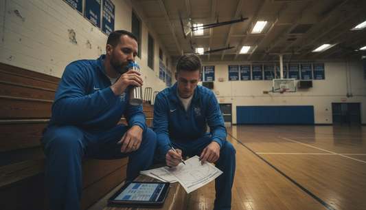 Coaches analyze scouting report on gym bleachers
