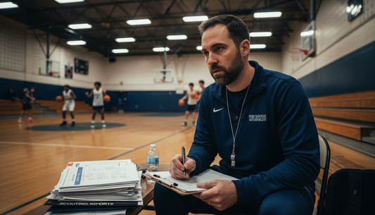 Coach creating scouting report in gym bleachers