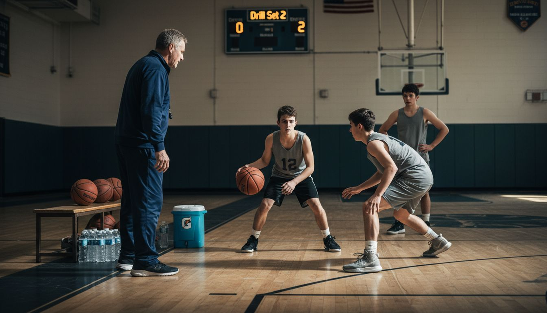 Players performing competitive basketball drill