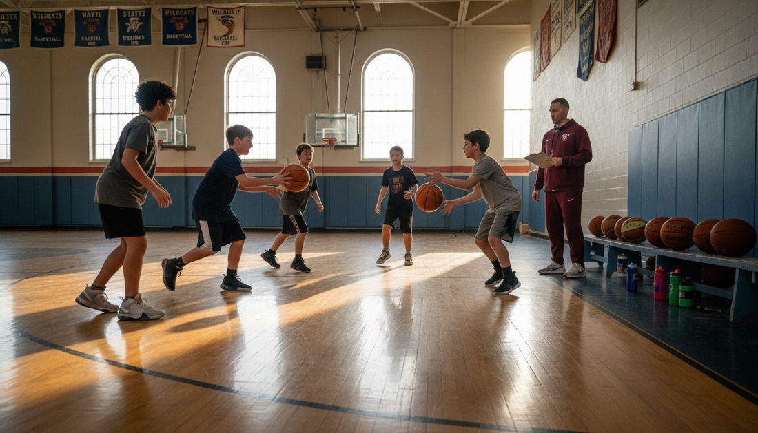 Coach supervising basketball passing drill in gym