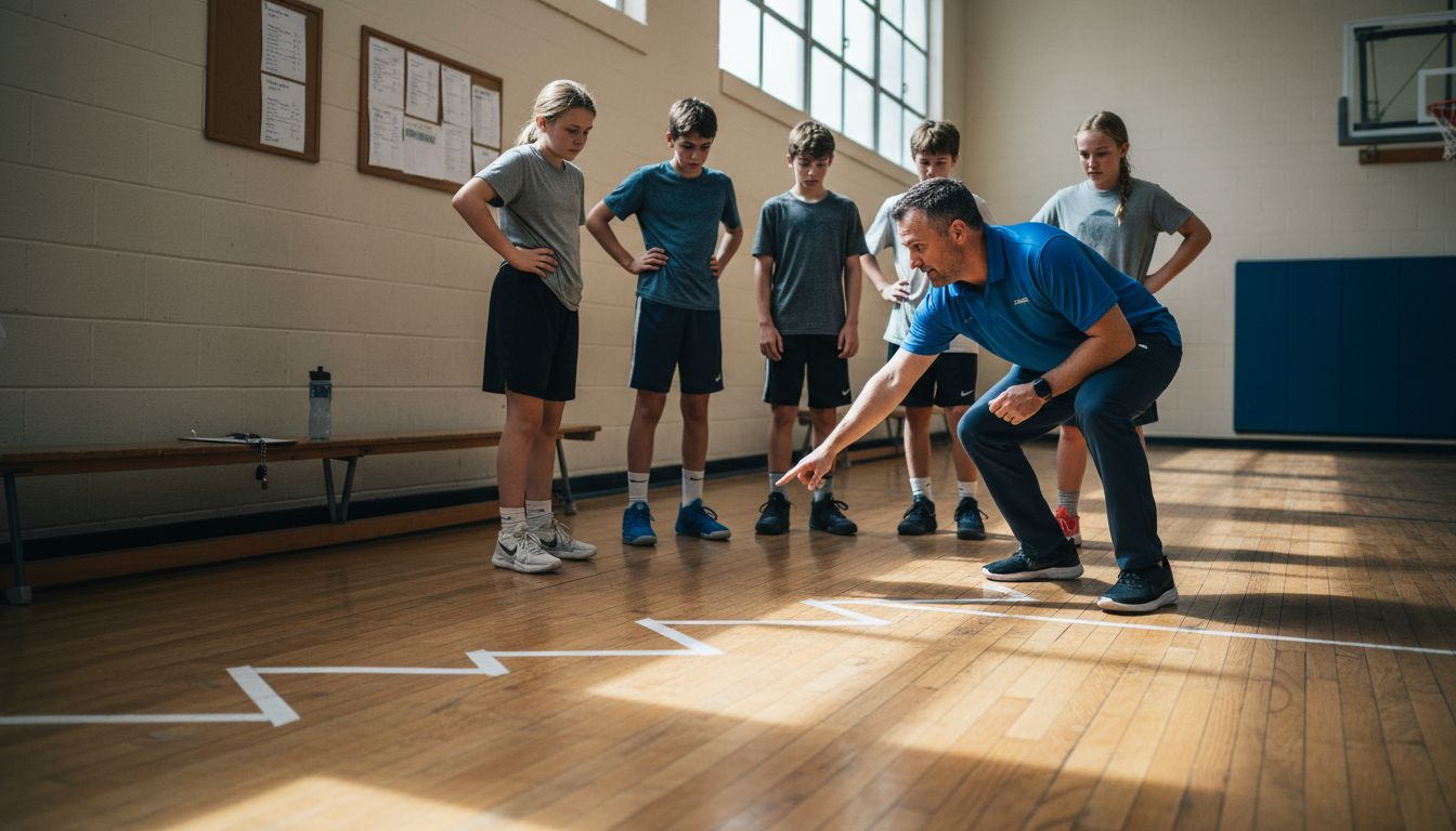 Basketball coach demonstrating defensive drill