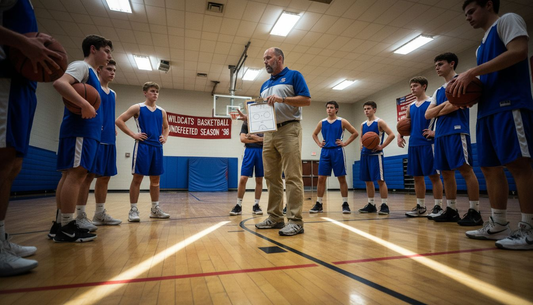 Coach explaining basketball zone offense on gym floor