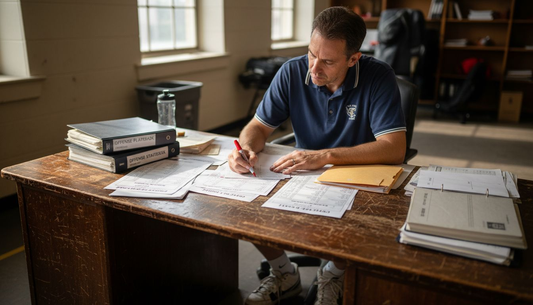 Coach reviewing basketball scouting reports