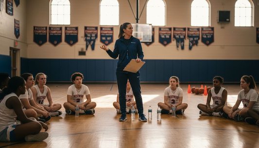 Coach addresses players during preseason basketball practice