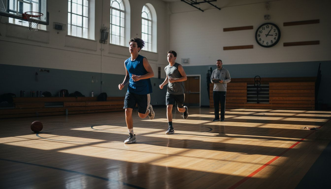 Basketball players running intense court drills