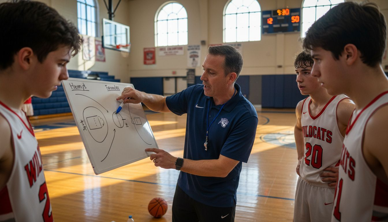 Coach explains basketball play on whiteboard