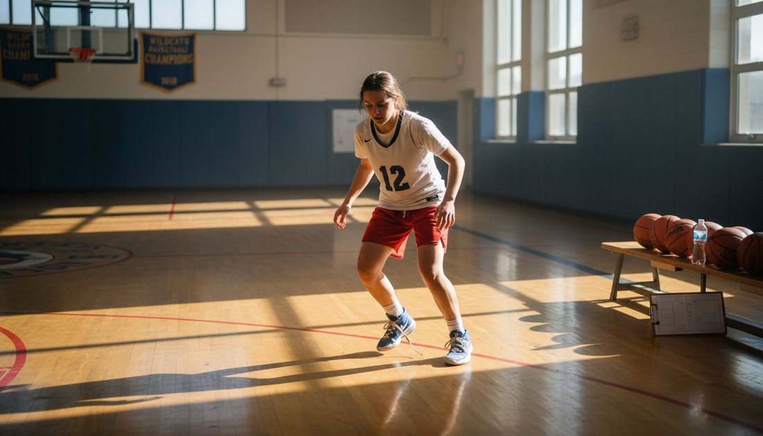 Basketball player practicing footwork in gym