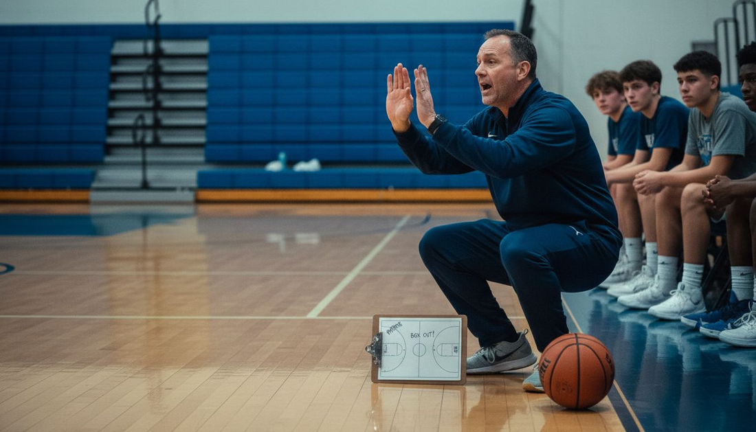 Coach instructing defensive rebounding in gym