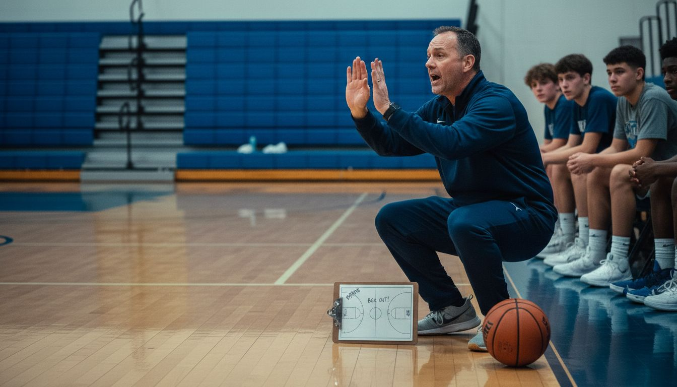 Coach instructing defensive rebounding in gym