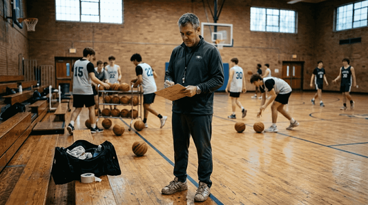 Basketball coach reviewing notes after practice