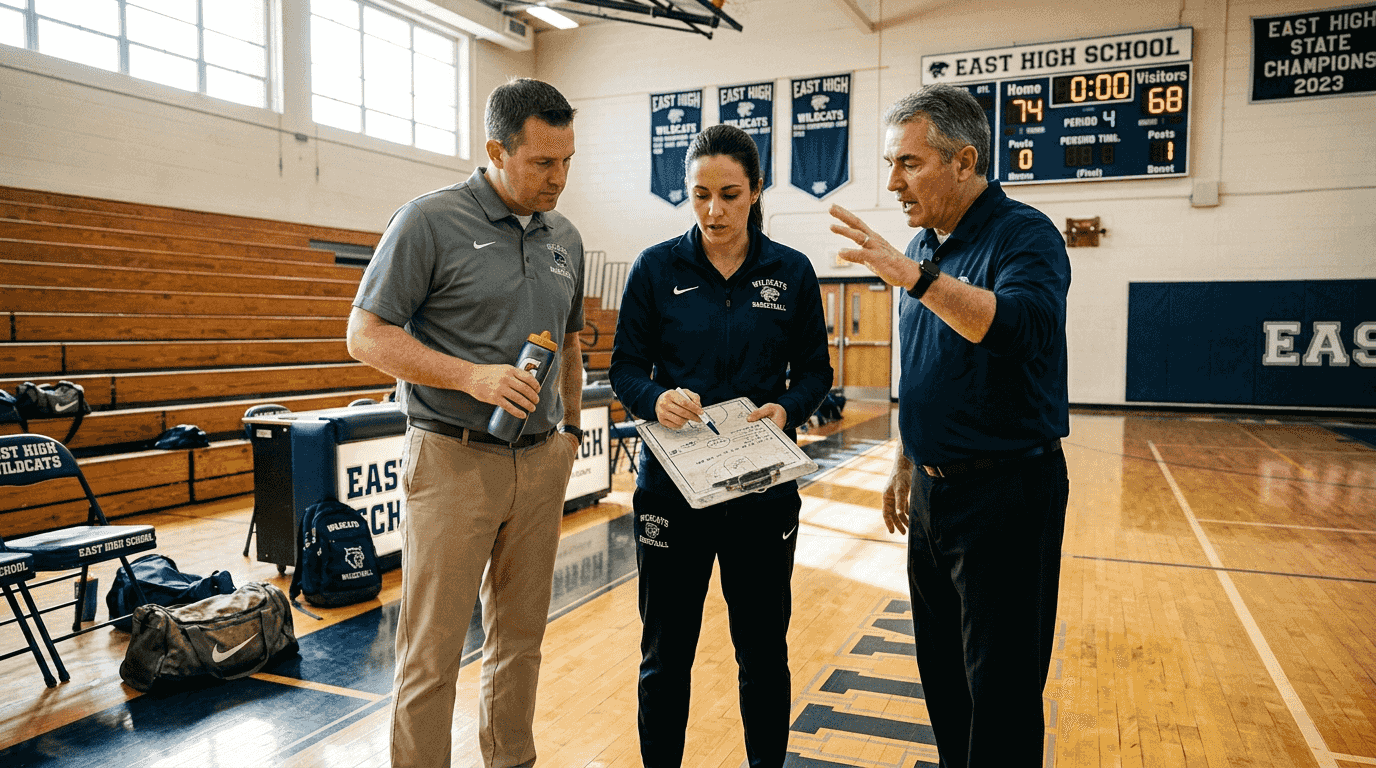 Basketball coaches planning by the court