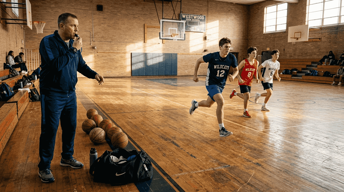 Basketball coach overseeing fast break drill