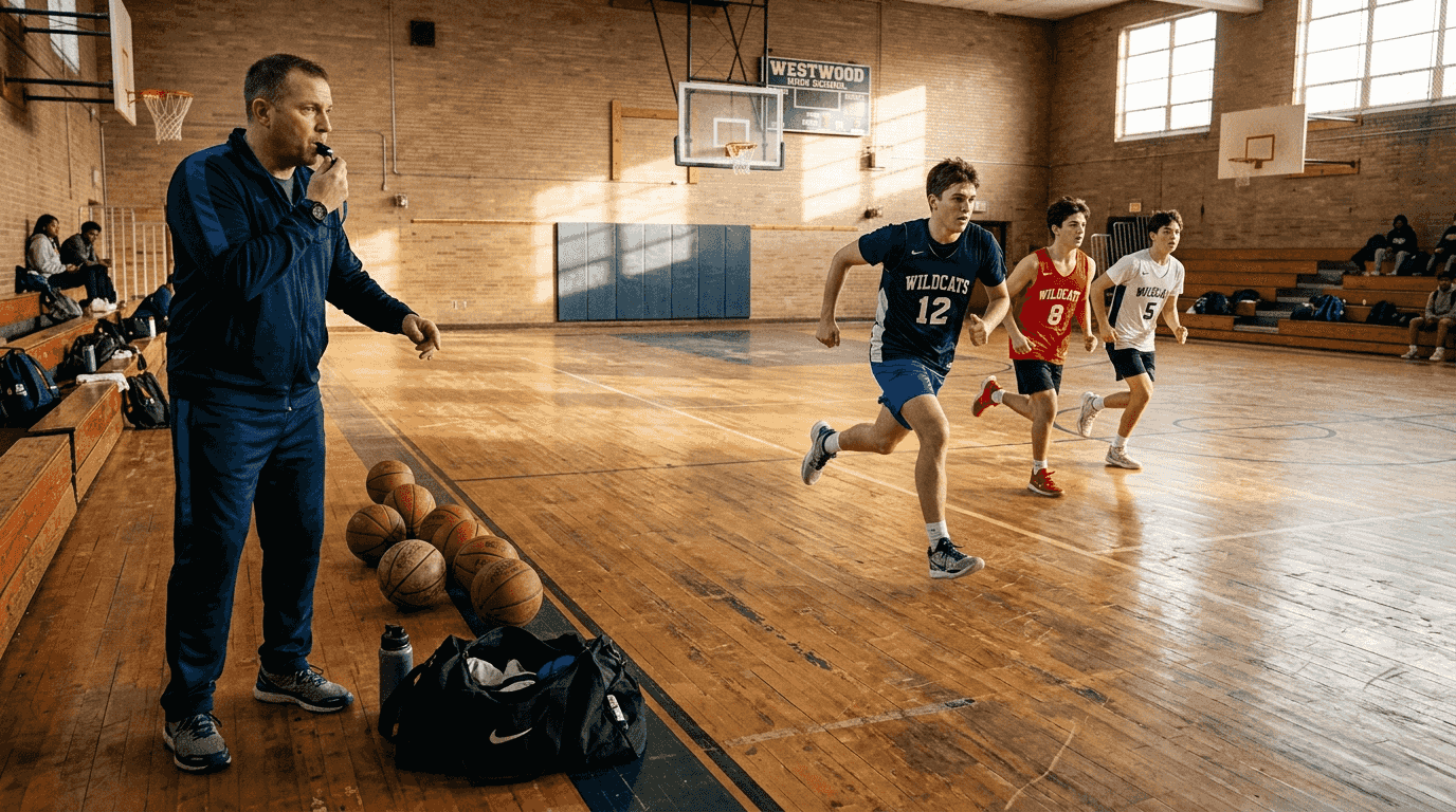 Basketball coach overseeing fast break drill