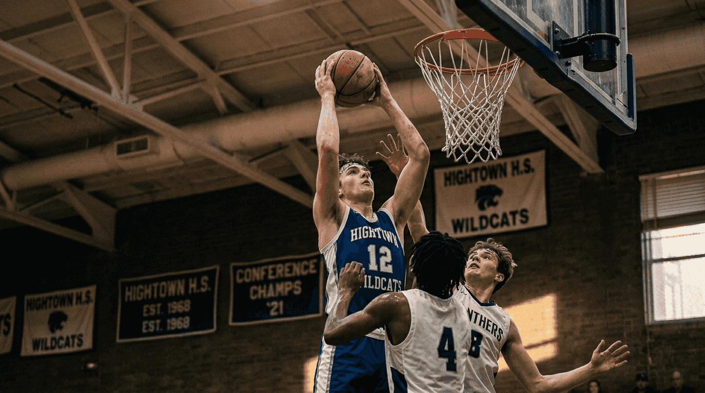 Basketball player jumping for offensive rebound