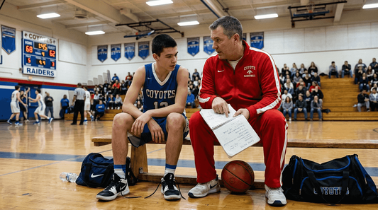 Coach and player meeting on gym bench