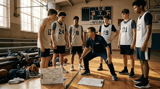 Coach teaching basketball to high school team