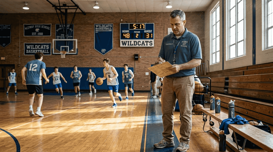 Coach scouting basketball game on gym sideline