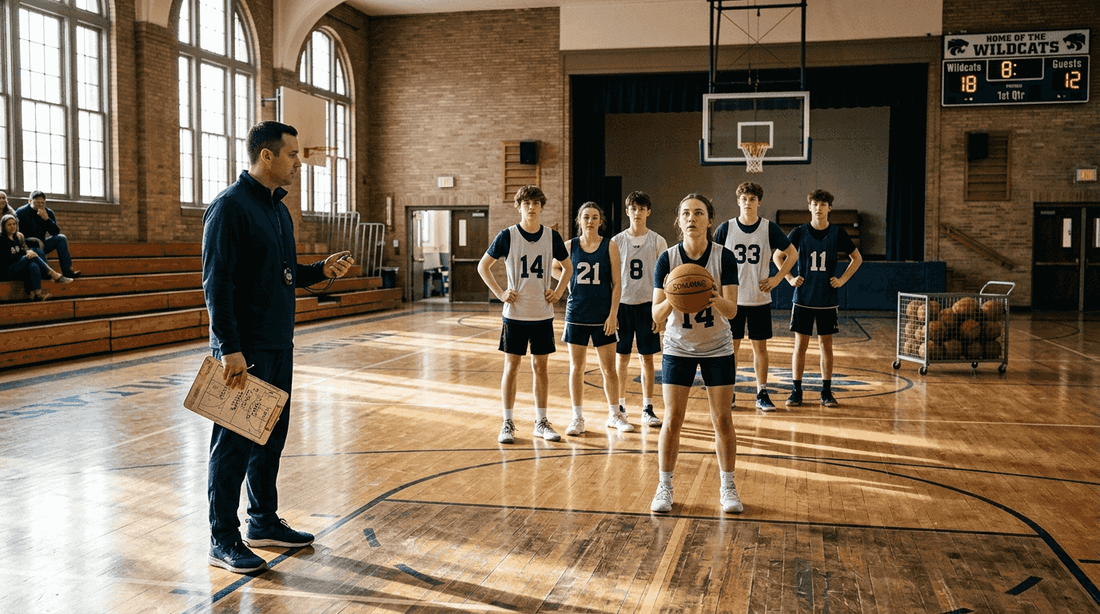 Coach guiding team through basketball drill