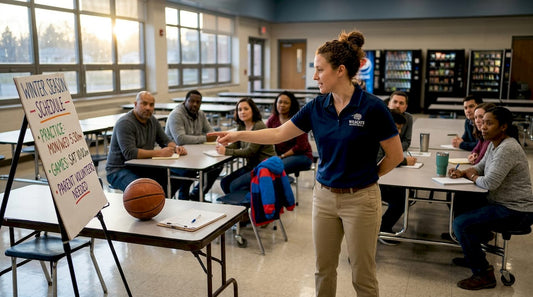 Youth coach leading parent meeting in cafeteria